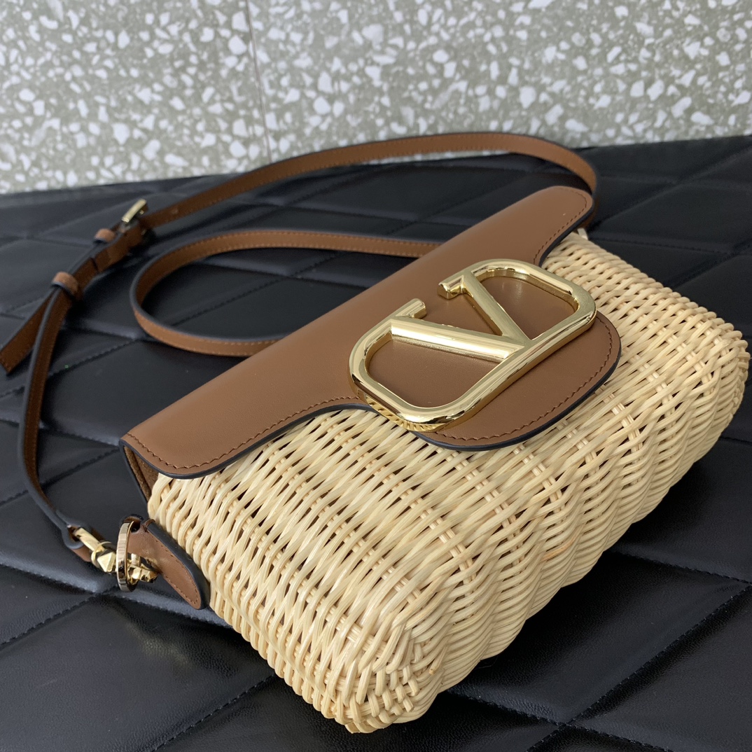 Valentino Garavani Loco Small Shoulder Bag in Brown Woven Synthetic Wicker 